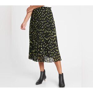 Banana Republic Pleated Midi Skirt Floral Print Size 2 Black/Yellow